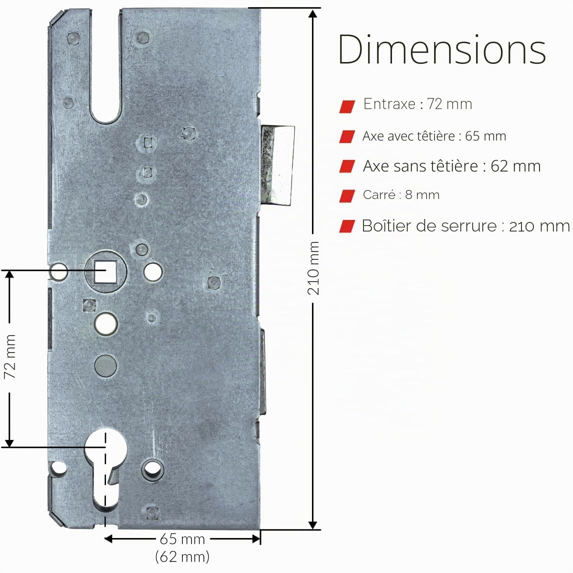 Serrure de réparation KFV 8072 | Serrure à mortaiser pour rénovation, pour verrouillages multipoints - Boîtier de serrure pour réparation ou remise en état | Entraxe 72 mm, profondeur du carré 65 mm