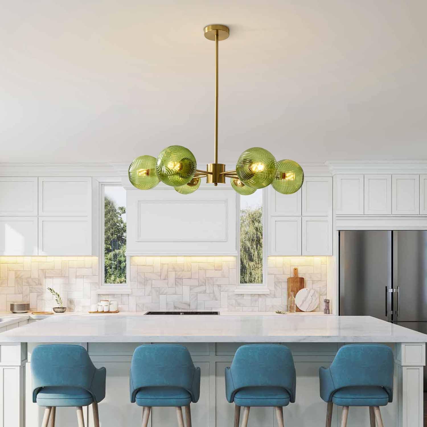 BOKT Green Glass Ball Pendant Light Mid Century Modern Gold 6-Lights Globe Sputnik Chandelier Light Fixture Brushed Brass Chandelier Pendant Light for Kitchen Island Dining Room