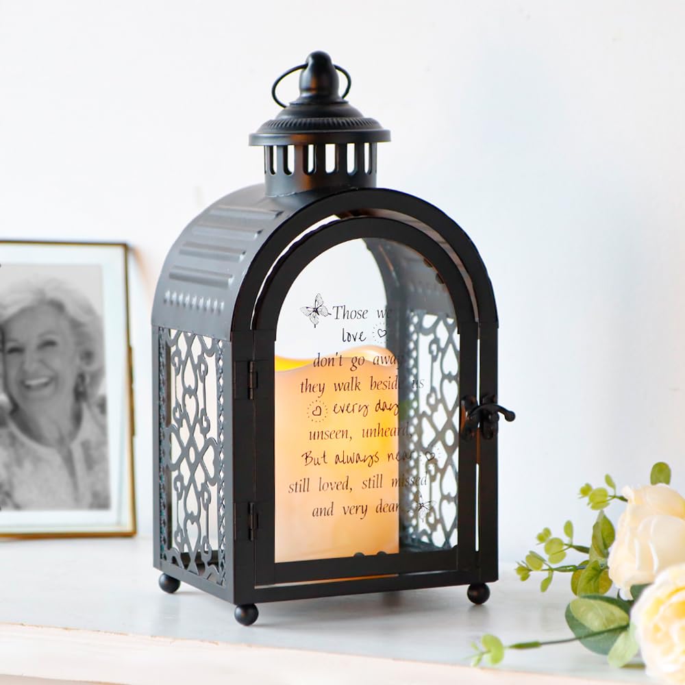 TRIROCKS Memorial Lantern 11''H Walk Beside Us Remembrance Lantern With Poem - Bereavement Sympathy Gift for Loss of Mother, Funeral Service, Loss of Loved One (Black, Without Candle)