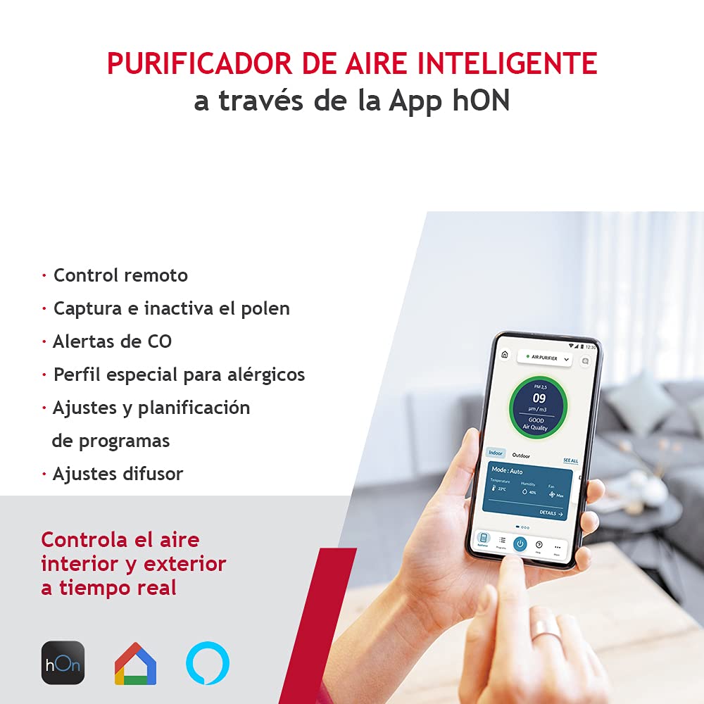 Hoover H-PURIFIER 500 - HHP50CA - Purificador de aire inteligente,Difusor esencias y probióticos, Multisensores, Wi-Fi, Filtro tres capas (hepa 13),Inactivación polen, Alertas CO, CADR 330m3/h, Blanco