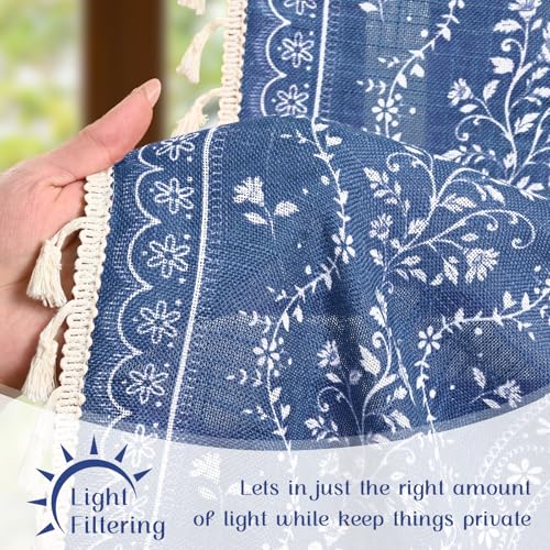 Image of Yinhua Boho Swag Valance Curtains Vintage Linen Valances for Windows Light Filtering Floral Kitchen Valance Rod Pocket Farmhouse Rustic Tassel Window Valances for Bathroom Cafe, 60 inch W x 36 inch L, Blue