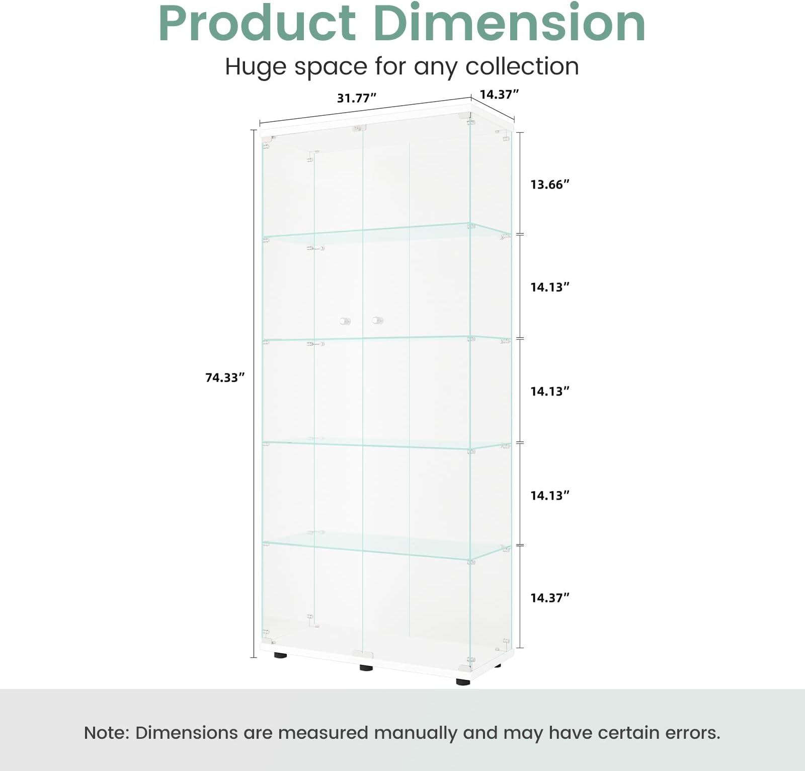Beauty4U Glass Display Cabinet with 5 Shelves, Curio Cabinets for Living Room, Bedroom, Office, White Floor Standing Glass Bookshelf, Quick Installation