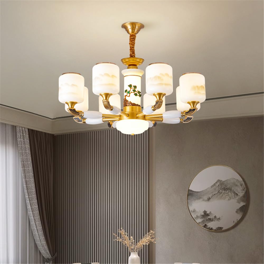 SXECAEPS Contemporary Luxury Brass Chandelier LED Chinese Style Living Room Bedroom Dining Villa Hotel Tearoom Cafe Pendent Lights (J 8 Lights)