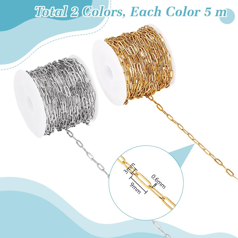 PH PandaHall 10m x 3mm Catene a Graffetta in Acciaio Inossidabile Placcato in Oro 18K Catena Argentata Dorata per Borse Creazione di Gioielli Collane Bracciali per Lavori Fai Da Te, 2 Rotoli