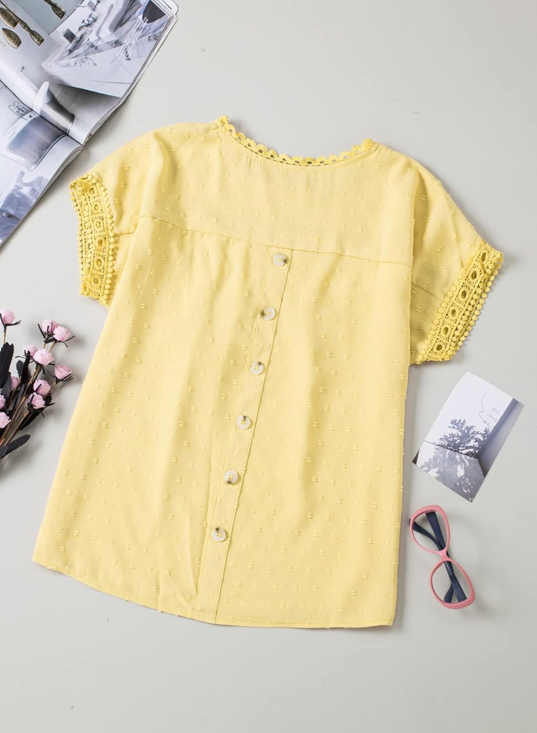 Womens Summer Tops Crewneck Lace Crochet Short Sleeve Shirts Casual Buttoned-Back Chiffon Blouses - Image 8