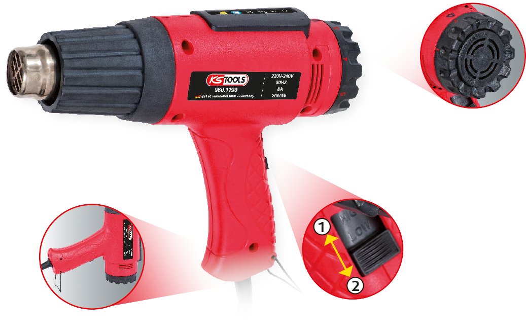 KS TOOLS 960.1190 - Décapeur Thermique 2000W - Pistolet Thermique à Air Chaud - 2 Positions - Réglage de Température par Molette sur 6 Plages entre 50° à 650° - 4 Buses - Couleur Rouge