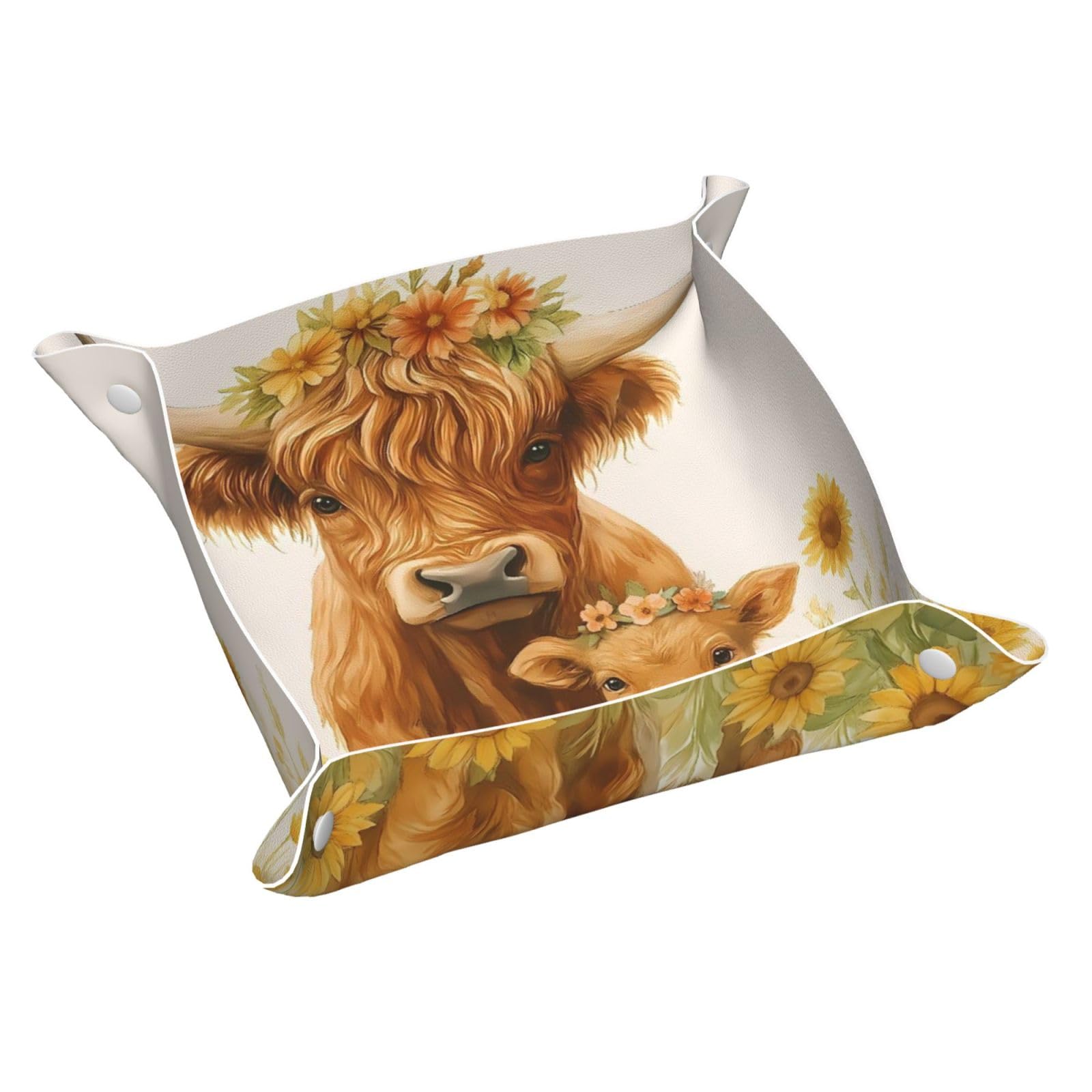 HLBSDM Highland Cattle Tray Men's Leather Valet Parking Portable Entrance Trays Bedside Storage Box