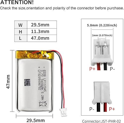 Miniatura 3 de EEMB 3.7V Lipo Batería 1400mAh 112945 Batería de iones de polímero de litio recargable con conector JST Asegúrese de que la polaridad del