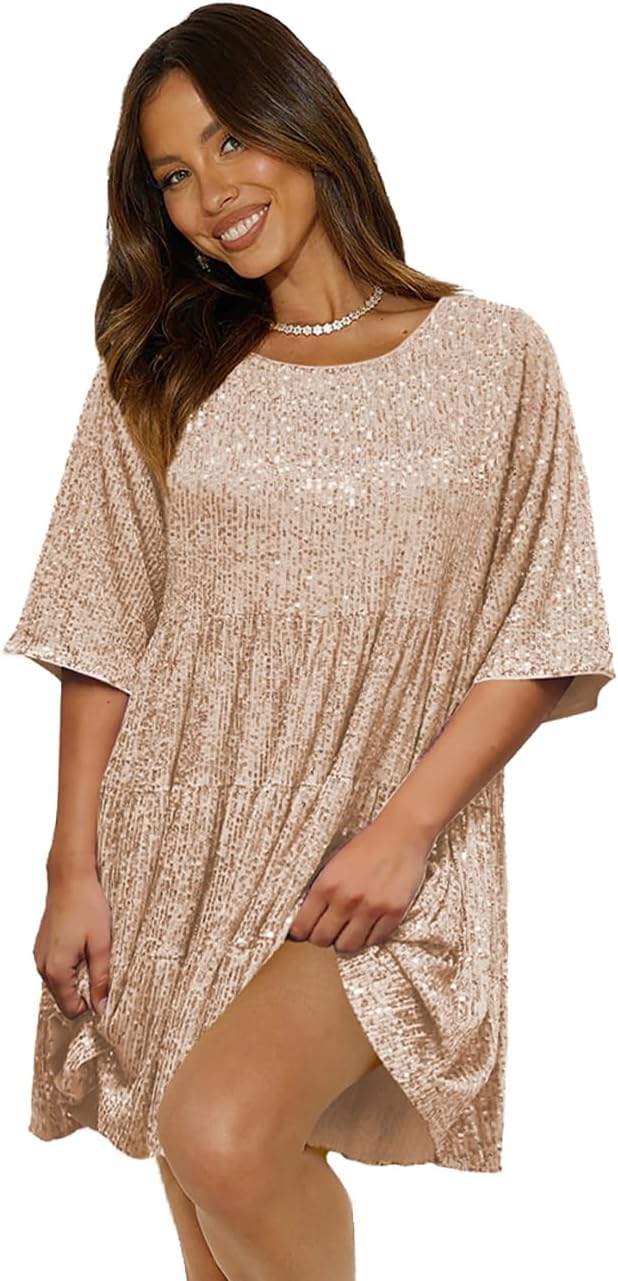 Women's Summer Sequin Babydoll Dress Short Flowy Tiered Tunic Sparkle Glitter Dresses Party Club