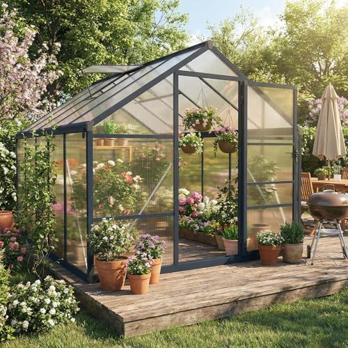 Garvee greenhouse with dark grey matte frame and swing door — proof of the finish upgrade over standard silver-framed rivals