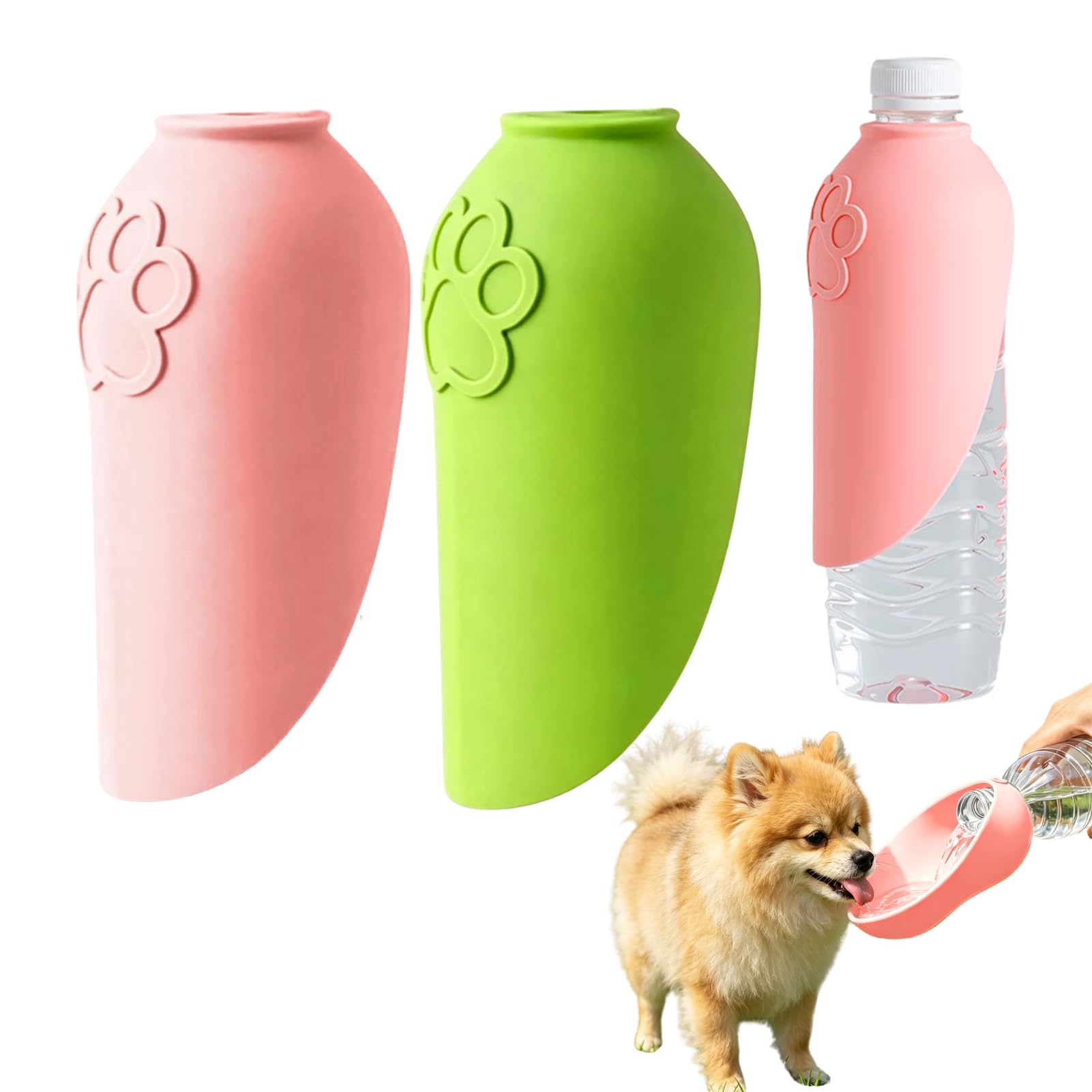 Dog Water Dispenser for Mineral Water Bottle, Silicone Universal Pet Drinking Dispenser with Hanging Rope, Portable Dog Accessories for Most Drinking Bottle, Walking, Hiking, Travel (Pink+Green)