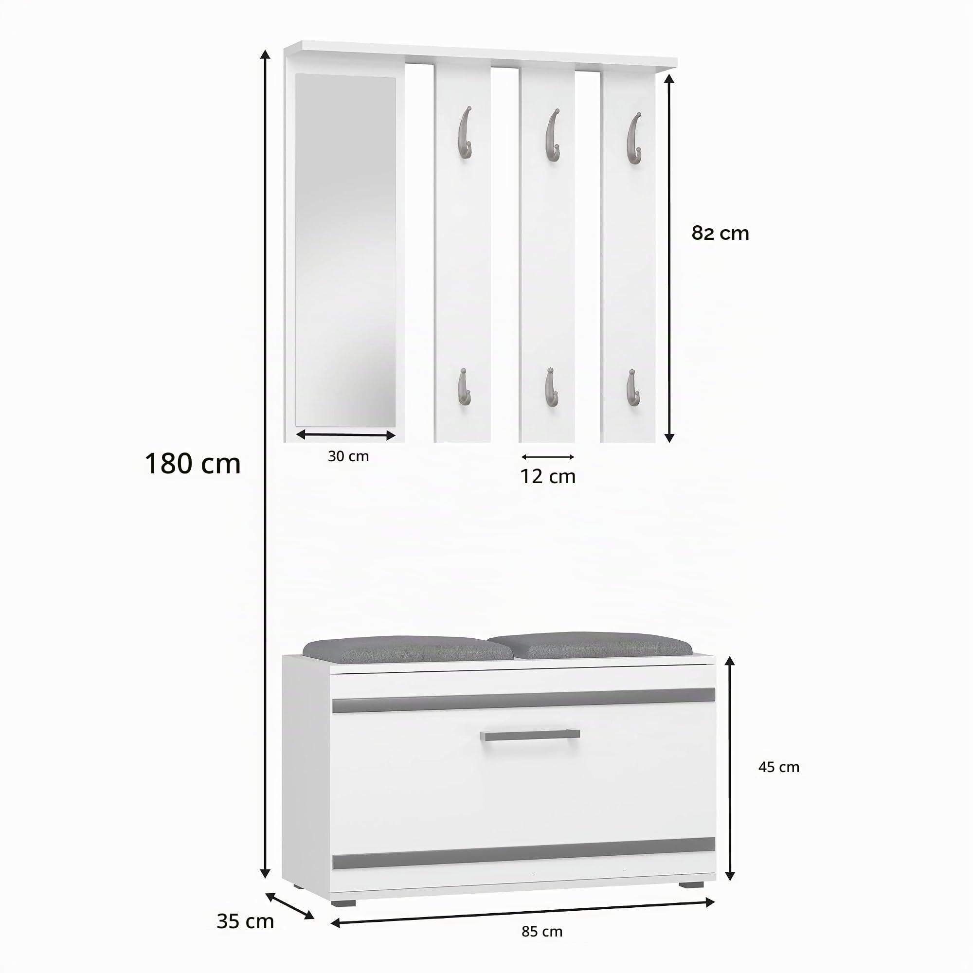 CDF Garderoben Set Wandgarderobe Mit Spiegel Schuhschrank Sitzbank 6 Haken 4 Fächer Für Schmale Flur Diele Weiß 85 x 35 x 180 cm Komplettset mit Spiegel und Sitzbank
