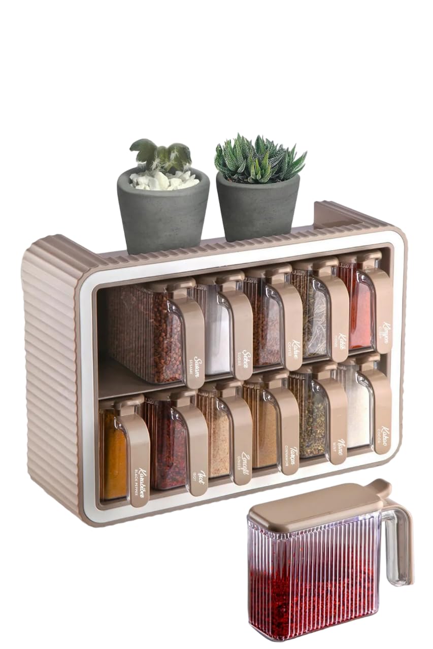 12-Piece Spices Jar Set With Spoon, Lid Spice and compartment Stand, Food Storage Container for Home Kitchen, Spice,Tea, Sugar, Salt- 300 ml (Beige)