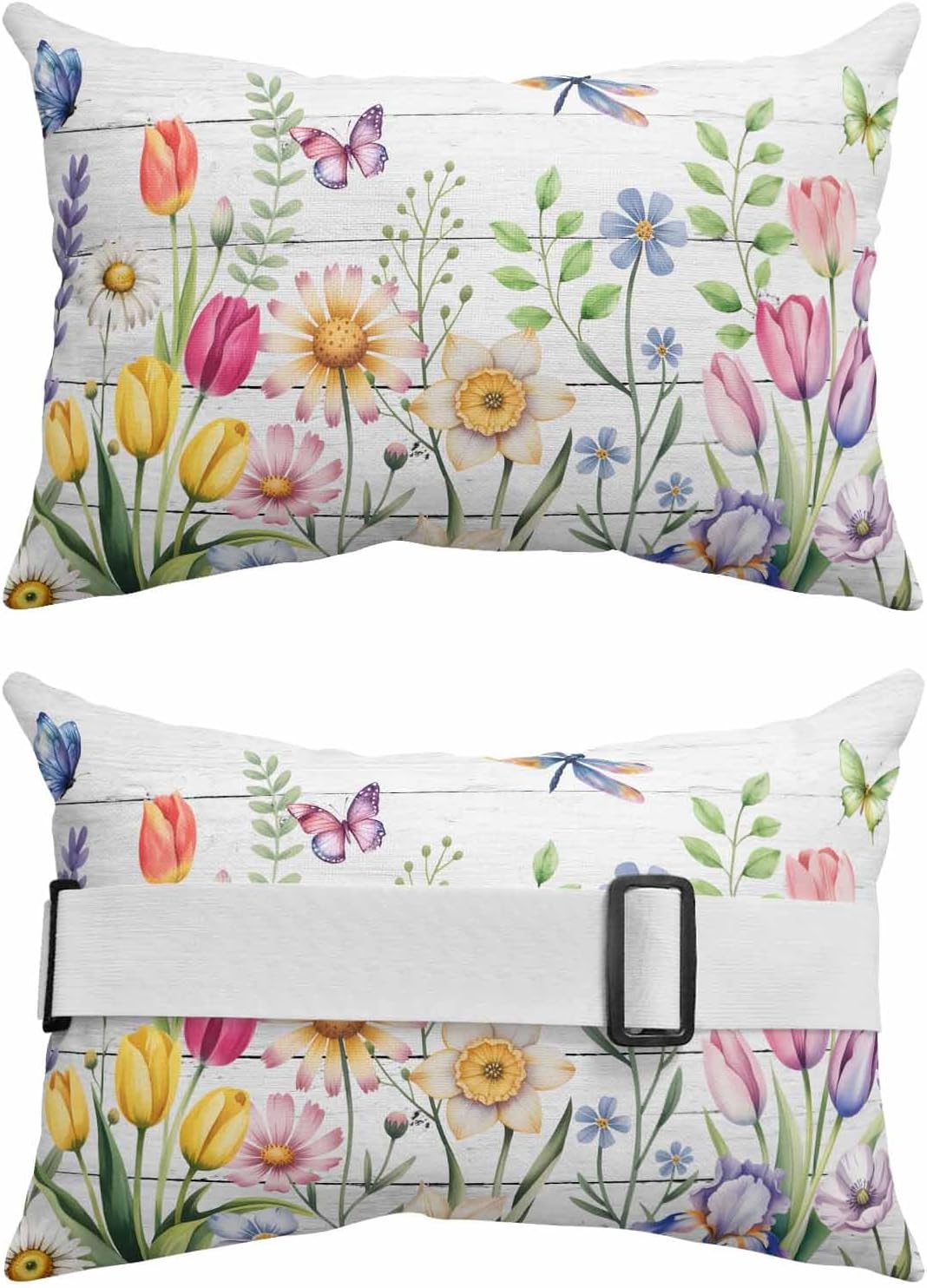 Wildflowers Outdoor Recliner Pillows for Head, Waterproof Chair Pillow with Elastic Stripe, Spring Farmhouse Tulip Floral Leaf Wooden Grain Chaise Lounge Headrest Pillow for Patio/Beach 2Pack, 11"x16"