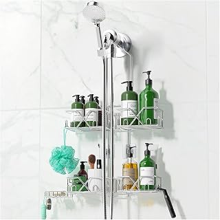 Sewulidon Stainless Steel Shower Caddy Hanging for Handheld Shower Heads,Rustproof Hose Shower Organizer Adjustable Length Shower Rack with 24 Hooks,Razor Holder,Soap Holder