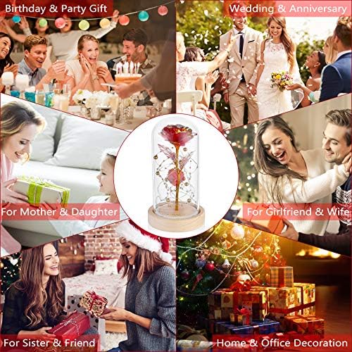 E-MANIS Beauty and The Beast Rose,Red Gold Foil Rose and Led Light with Gold Beads in Glass Dome on Wooden Base for Christmas,Valentine's Day,Mother's Day,Anniversary,Wedding,Home Decor