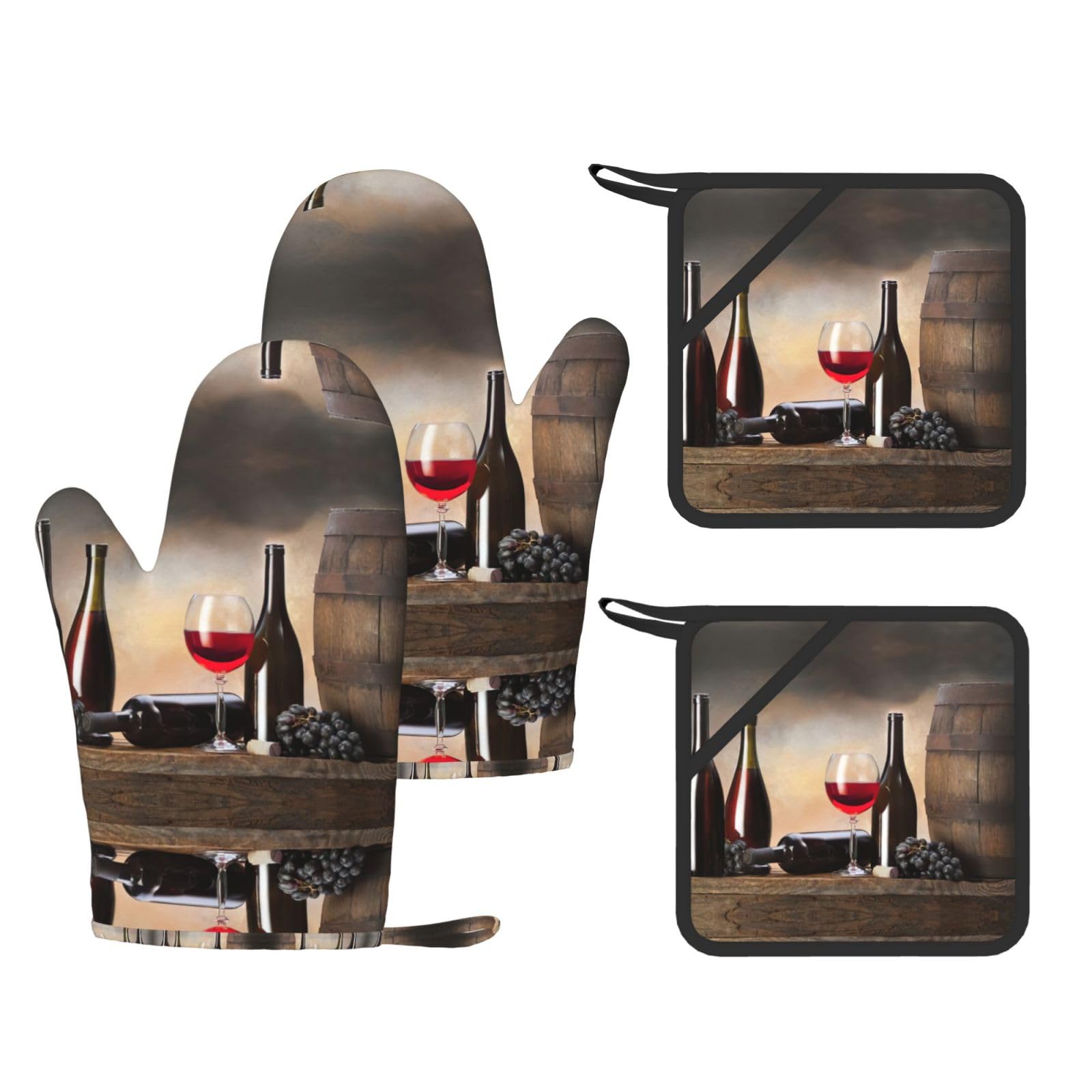 Grape Wine Trendy Printed Kitchen Set with Heat Resistant Gloves & Non-Slip Hot Pads for Baking & Grilling