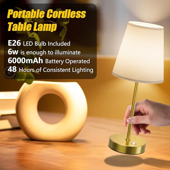 Aipsun Aipsun Cordless LED Table Lamp 6000mAh Gold Battery Operated Lamp Rechargeable Bedside Table Lamps,Nightstand Lamp with Fabric Linen Shade for Bedroom, Office, Living Room, Reading(2 Packs) photo 6