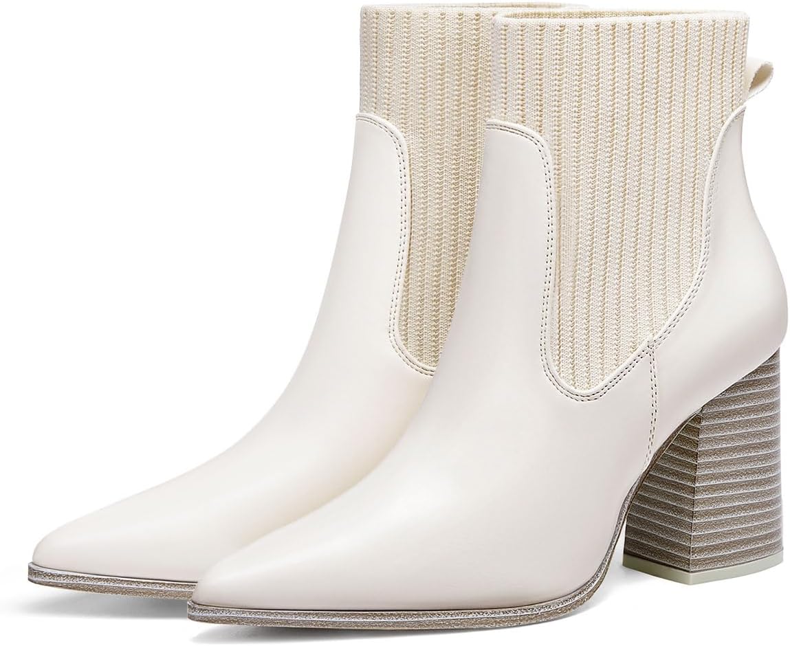 Coutgo Women Ankle Boots Sock Booties Pointed Toe Chunky Stacked High Heel Knit Chelsea Winter Dress Booties - Image 4
