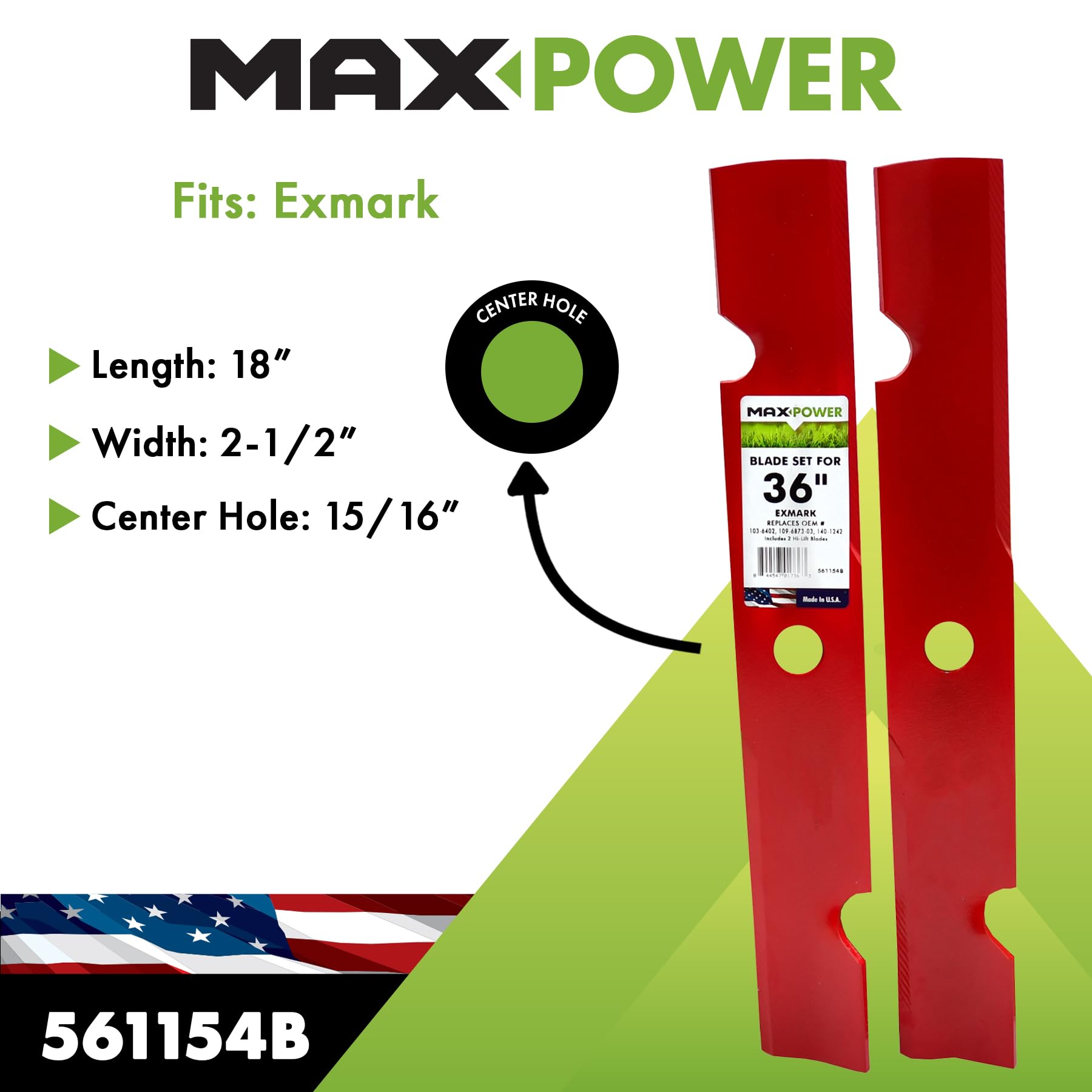 MAXPOWER 561154B - Juego de 2 Cuchillas de Alta elevación para cortacéspedes ExMark y Toro, sustituye a los números OEM 103-6402, 50-2306