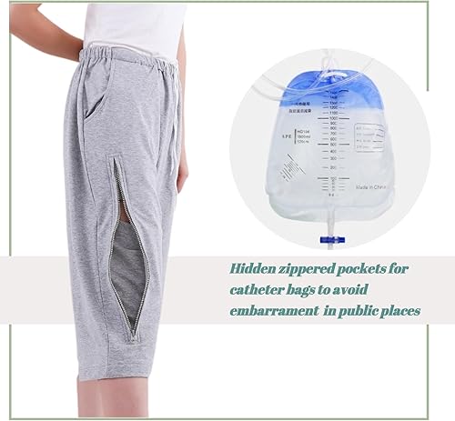 Miniatura 3 de Pantalones recortados con bolsa de pierna de catéter, para hombres y mujeres, para nefrostomía, para llevar con catéteres