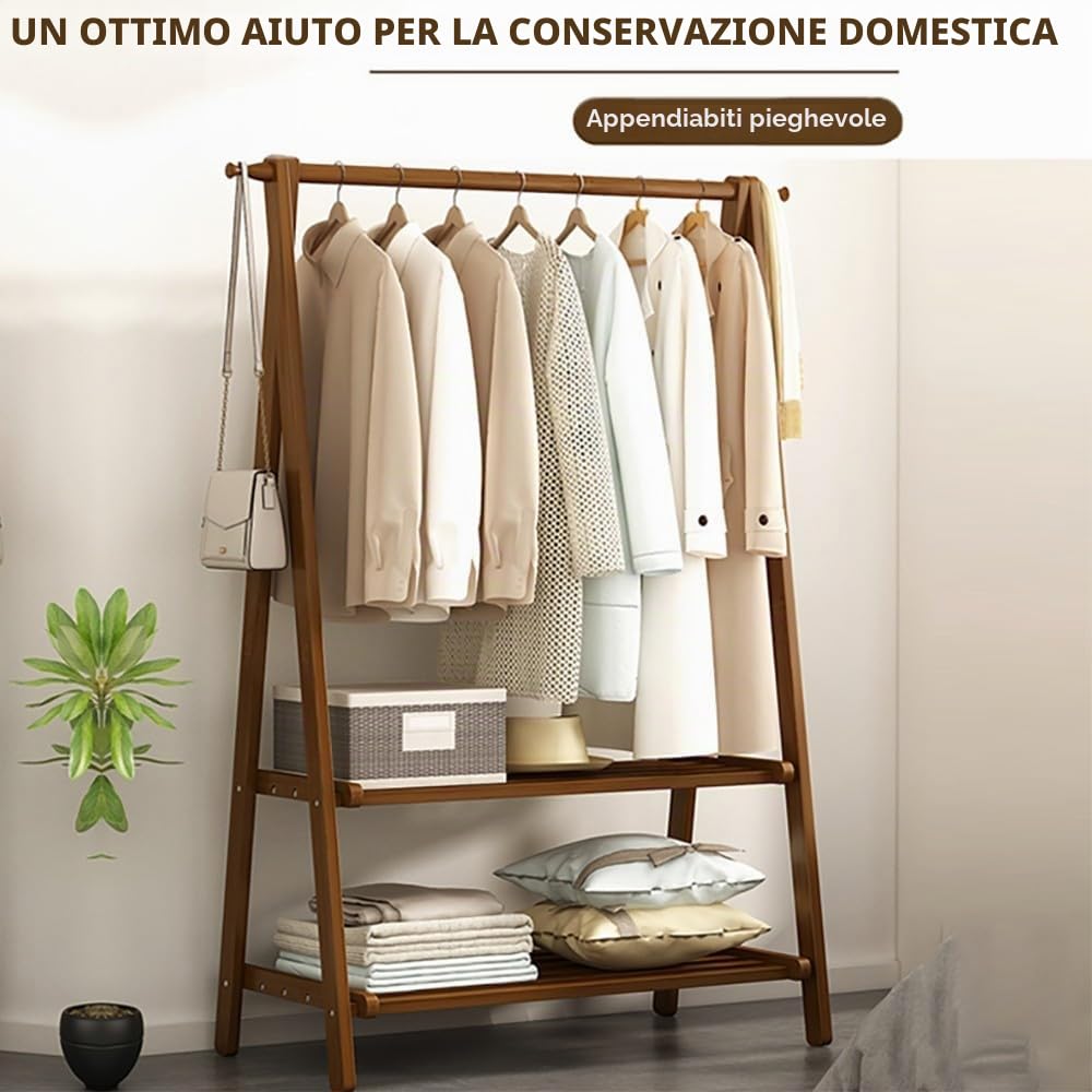 Attaccapanni in Legno, Appendiabiti con Portascarpe, 2 Ganci a Testa Tonda, Gruccia Multifunzionale Salvaspazio, Carica 100 kg, per Camera Corridoio Ingresso:66/86/116x40x160CM