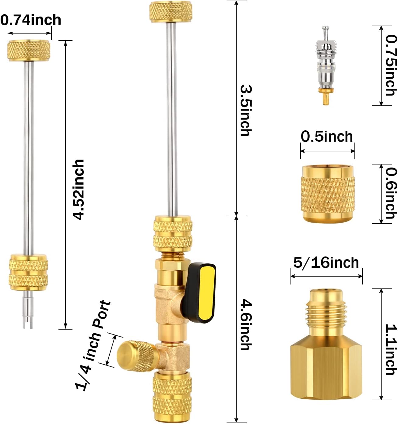 WADEO Valve Core Remover Tool HVAC with Dual Size SAE 1/4 & 5/16 Port, 20 PCS Valve Cores with Teflon Seal, 5 PCS Brass Nuts and Valve Core Rod, Compatible with R410A R32 R22 R12 R407 R404 R600
