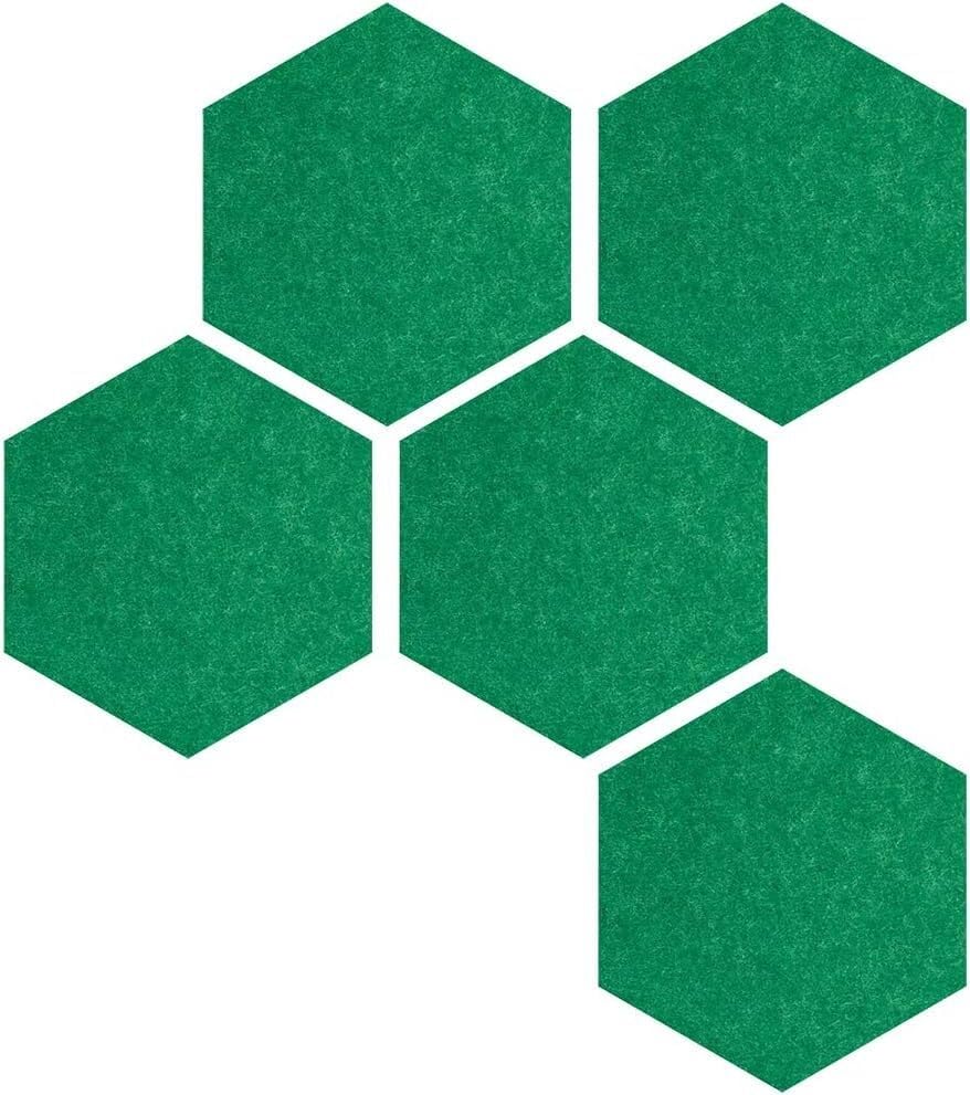 Tablón de anuncios de fieltro hexagonal decorativo verde con placa de metal