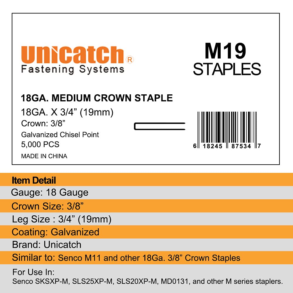 18 Gauge 3/8 Inch Medium Crown Staples 3/4 Inch (19mm) Legth (5,000/Box) - Similar to SENCO M Series M11