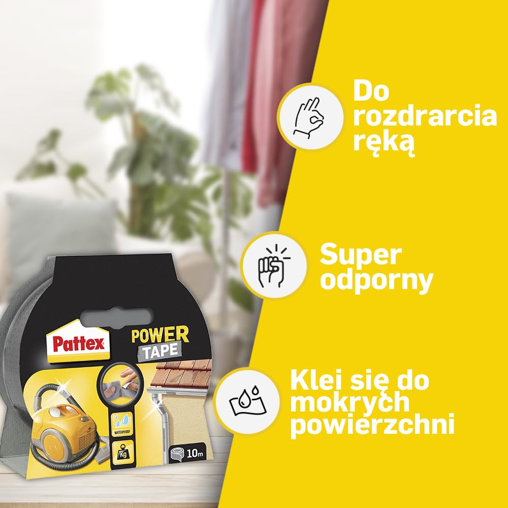 Pattex Power Tape, taśma naprawcza o doskonałej przyczepności, mocna taśma klejąca w kolorze srebrnym, trójwarstwowa taśma wodoszczelna, rolka 48mmx10m