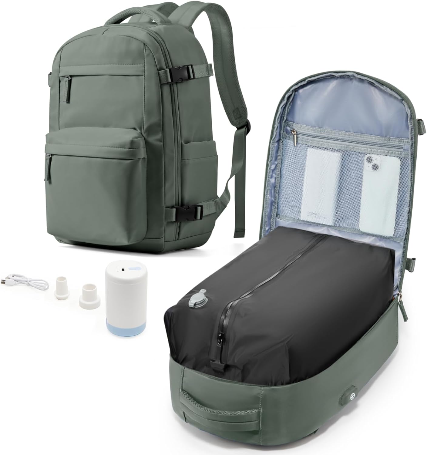 Airplane Cabin Travel Vacuum Backpack with Pump – Compression Bag with Airbag, USB Port, Hand Luggage 45 x 36 x 20 cm Waterproof, Green-3878, L