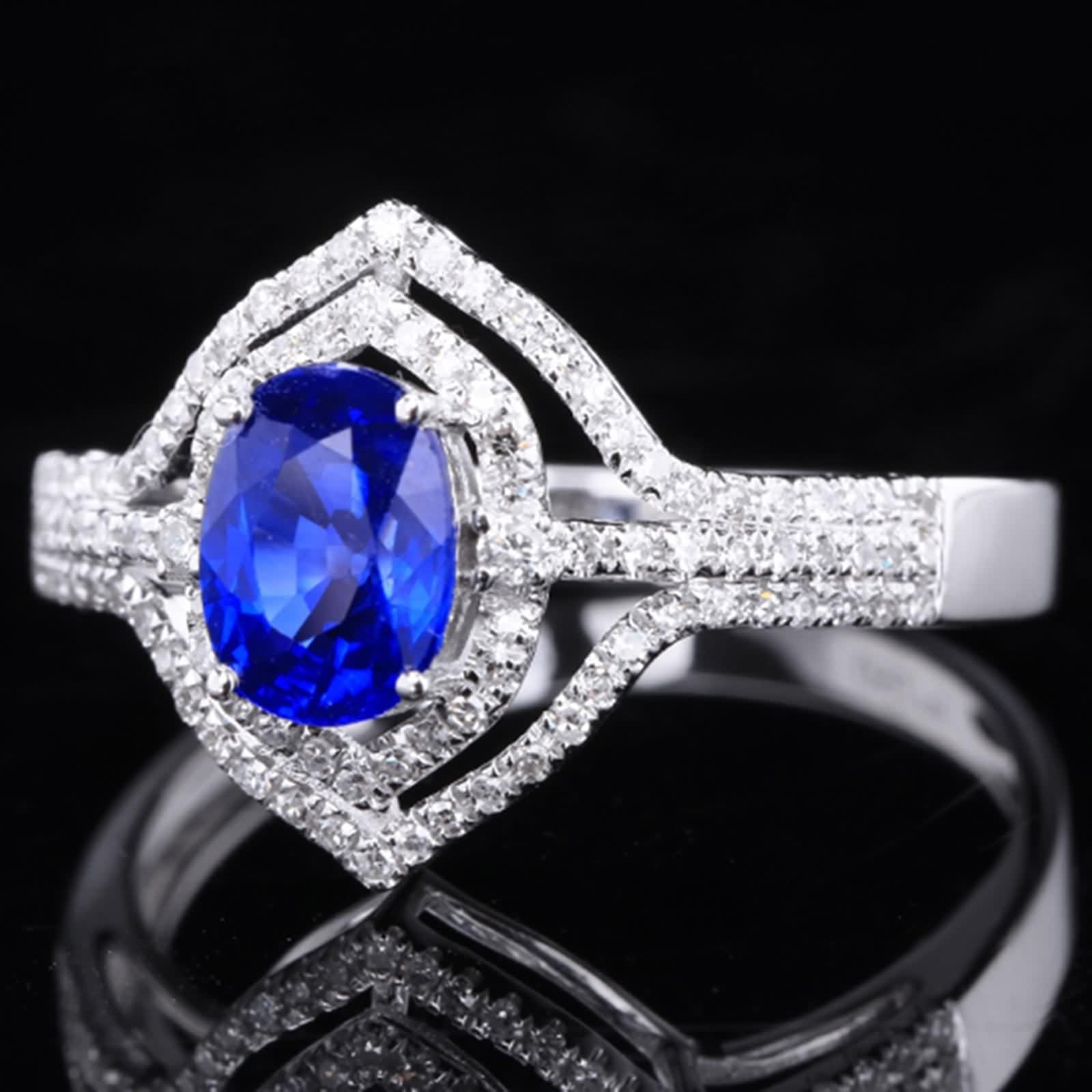 Anello Donna Oro Bianco 18K Vero, Fede Nuziale Blu Zaffiro Creato In Laboratorio Svuotare Oro Bianco con Moissanite Gioielli Di Moda