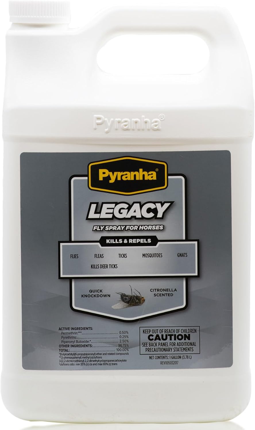 PYRANHA Legacy Fly Spray for Horses - Water-Based Long Lasting Fly Control Repels Horn, Deer, Horse, House, Stable, & Face Flies, Ticks, Mites, Mosquitoes, Gnats & Lice, 1 Gallon