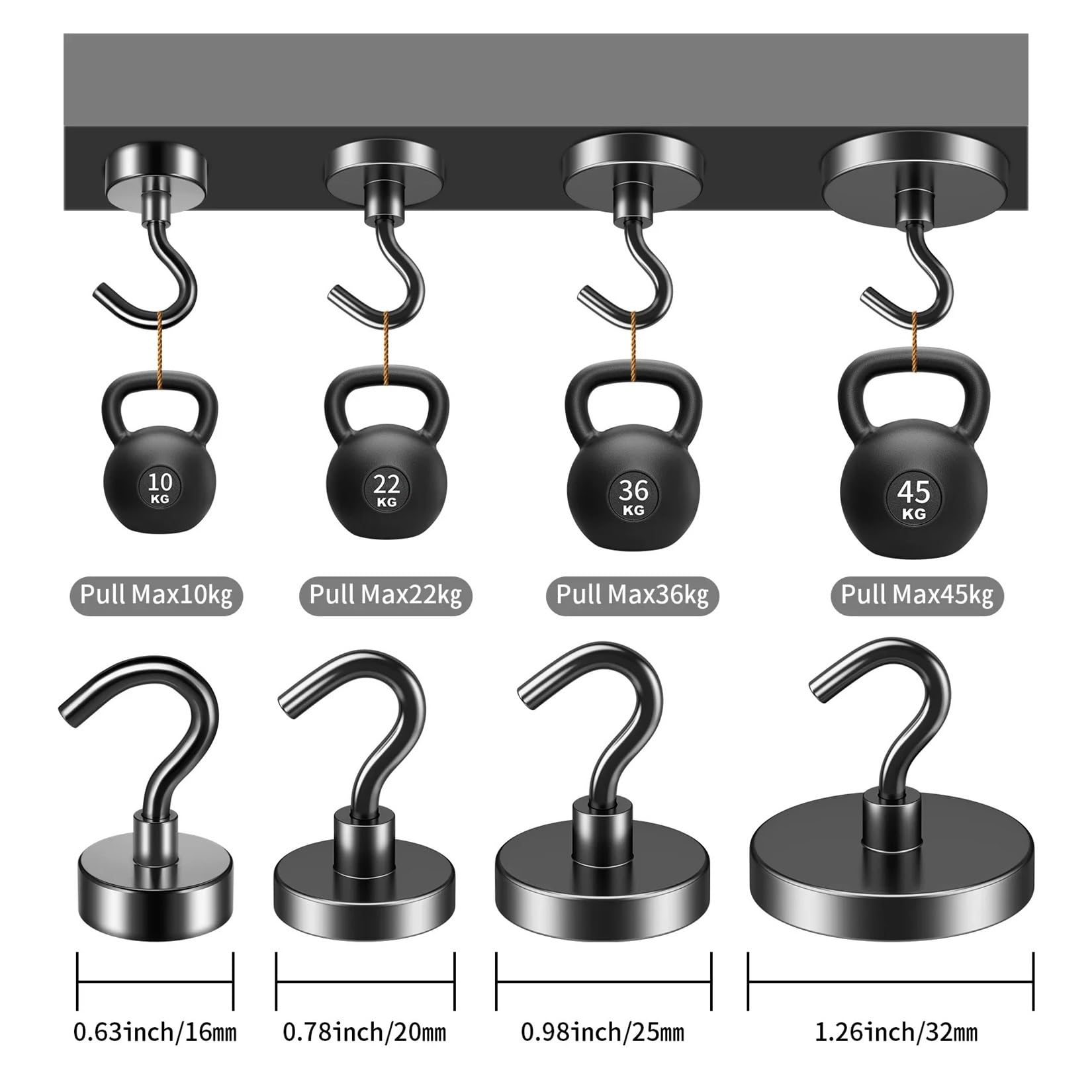 Genérico Ganchos magnéticos resistentes, ideales for colgar en casa, cocina, trabajo y oficina (negros, paquete de 6/12)(Pull Max 36kg,6Pcs)