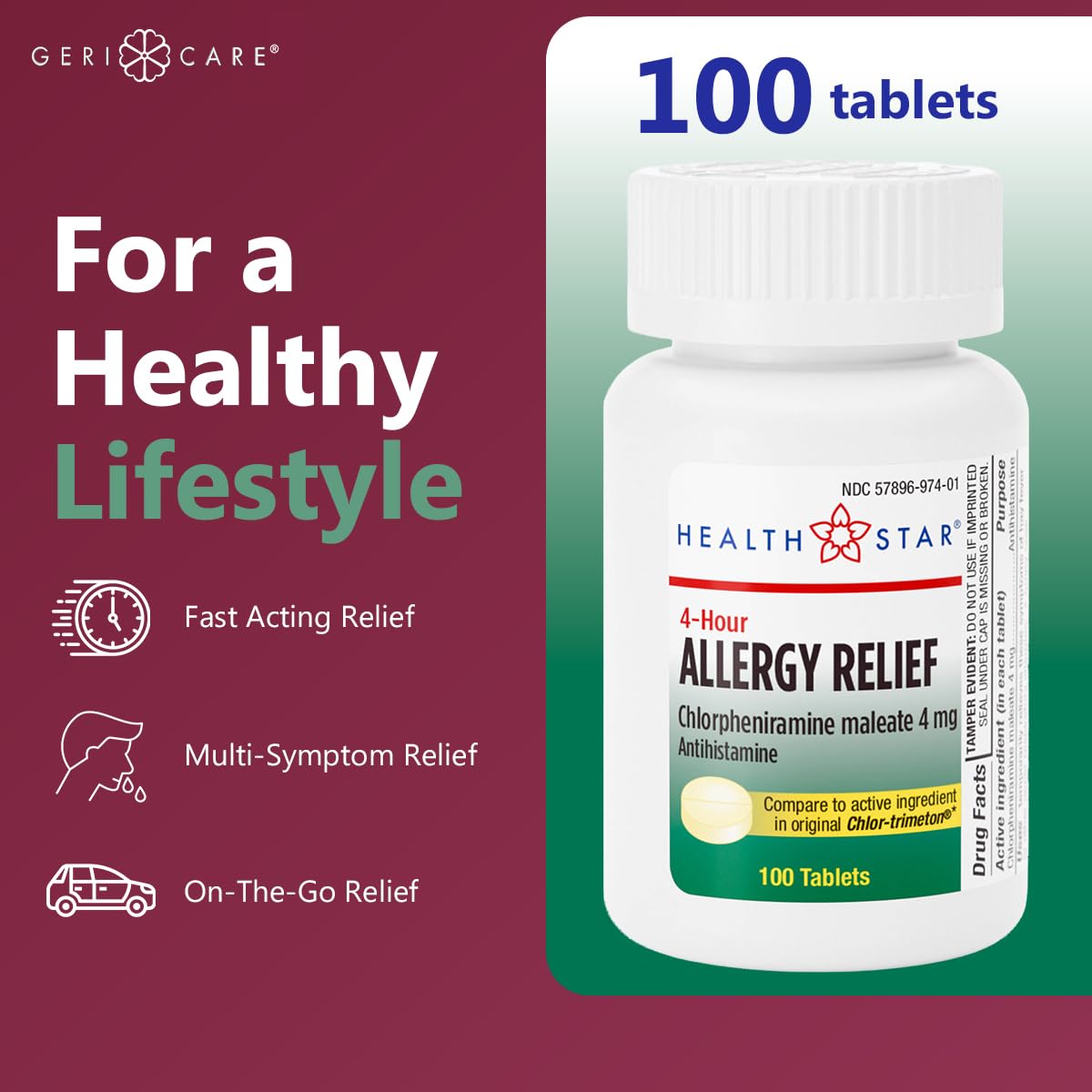 GeriCare Allergy Relief Chlorpheniramine Maleate 4 mg, Antihistamine Tablets, 100 Count (Pack of 1) — Amazon image 2