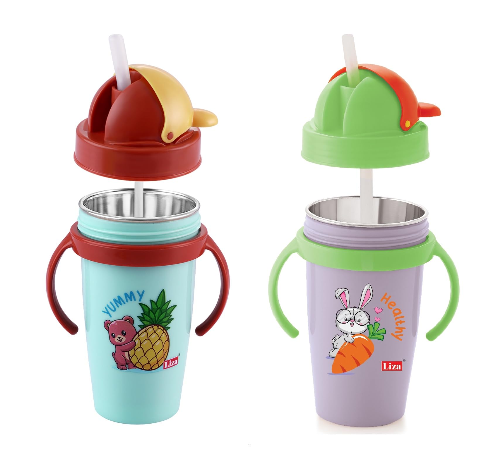 Nabhya Hot & Cold Insulated Stainless Steel 360ml BPA-Free Cute Animal Design Baby Sipper Kids Water Bottle with Straw and Side Handle for Kids (Purple & Blue - 2pc)-picture-20