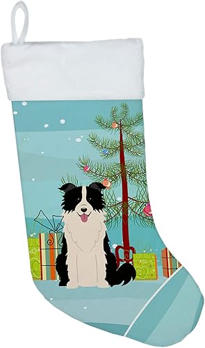Caroline's Treasures BB4243CS - Calcetines de Navidad con borde de árbol de Navidad, color negro y blanco, medias colgantes para chimenea,
