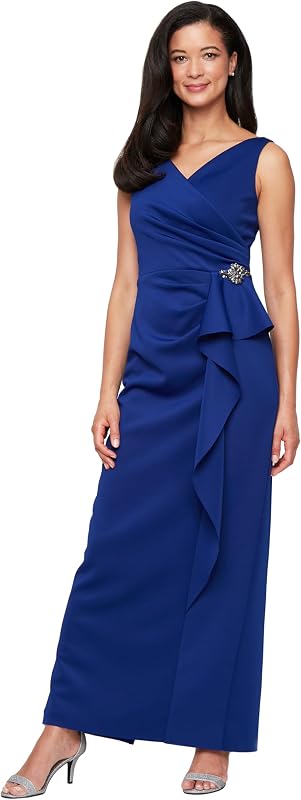Alex Evenings Women's Sleeveless Stretch Scuba Crepe Dress with Embellished Detail at Hip and Cascade Ruffle Skirt
