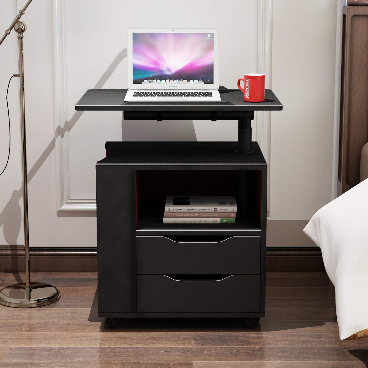 sogesfurniture Mobiler Beistelltisch Nachttisch Nachtschrank mit 2 Schubladen, höhenverstellbarer Sofatisch Laptoptisch für Schlafzimmer, Wohnzimmer, Schwarz BHEU-CT1-BK