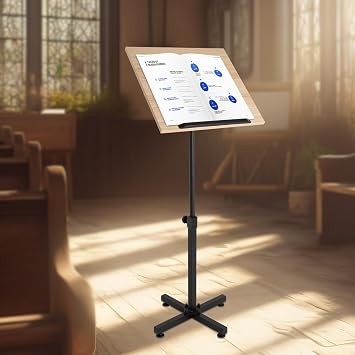 Lectern Podium Stand, Height Adjustable Portable Floor Lectern, Versatility Classic Podium Stand with Wheels, Presentation Standing Tilting Desktop for Classroom, Office, Church, Media Studio (Brown)