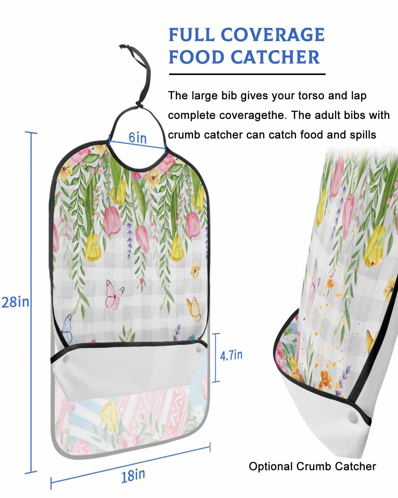 LEOKOTI Spring Easter Adult Bibs for Eating, Waterproof Bibs with Food Catcher & Adjustable Snap Closure, Gray Plaid Floral Botanical Easter Eggs Washable Clothing Protectors Adult Bibs for Elderly
