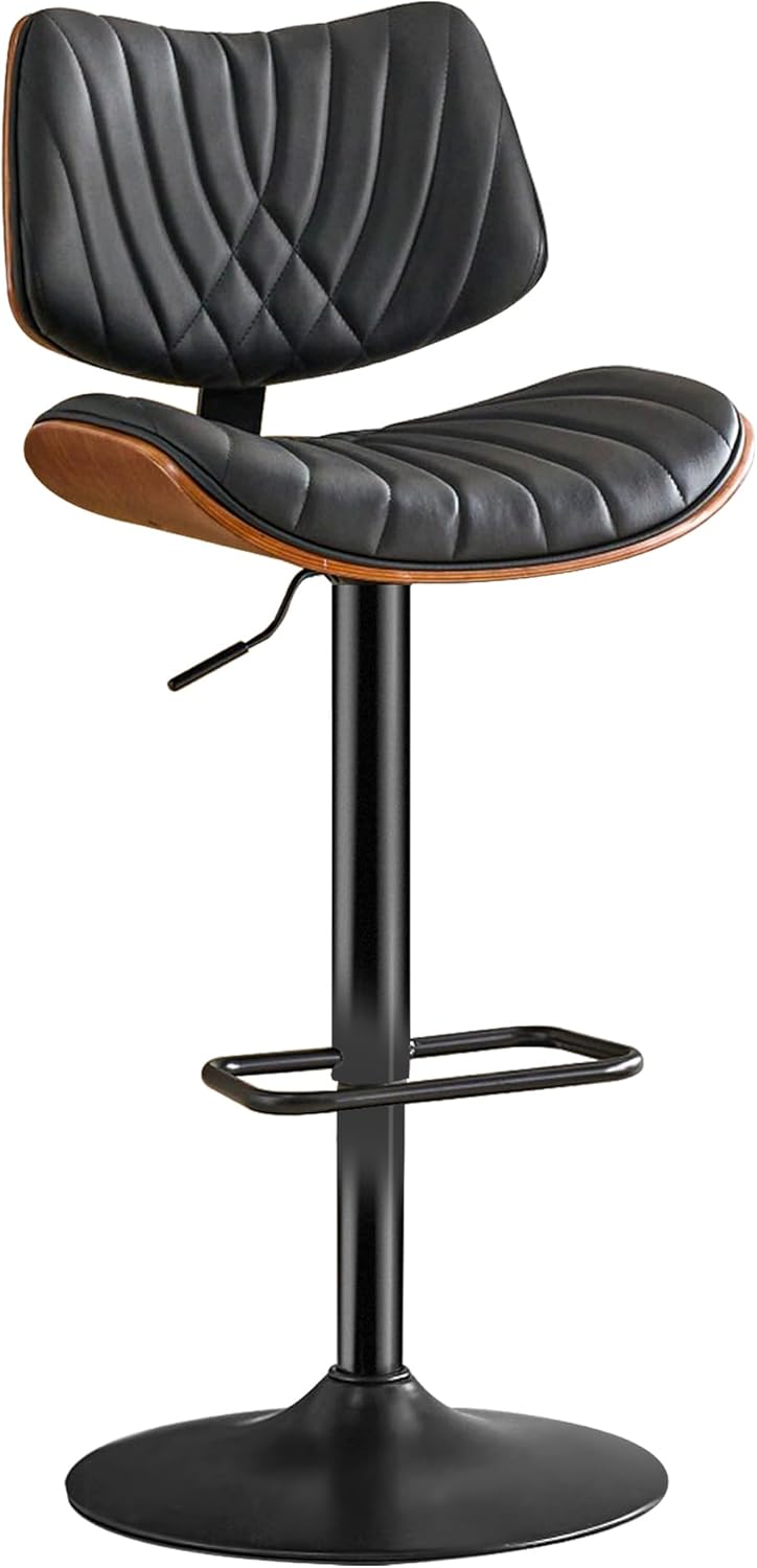Modern Swivel Bar Stools,Faux Leather Upholstered Bar Chair with Walnut Bentwood Back,Adjustable Counter Height Stool for Kitchen Island,Dining Room,Cafe,Pub (Black)
