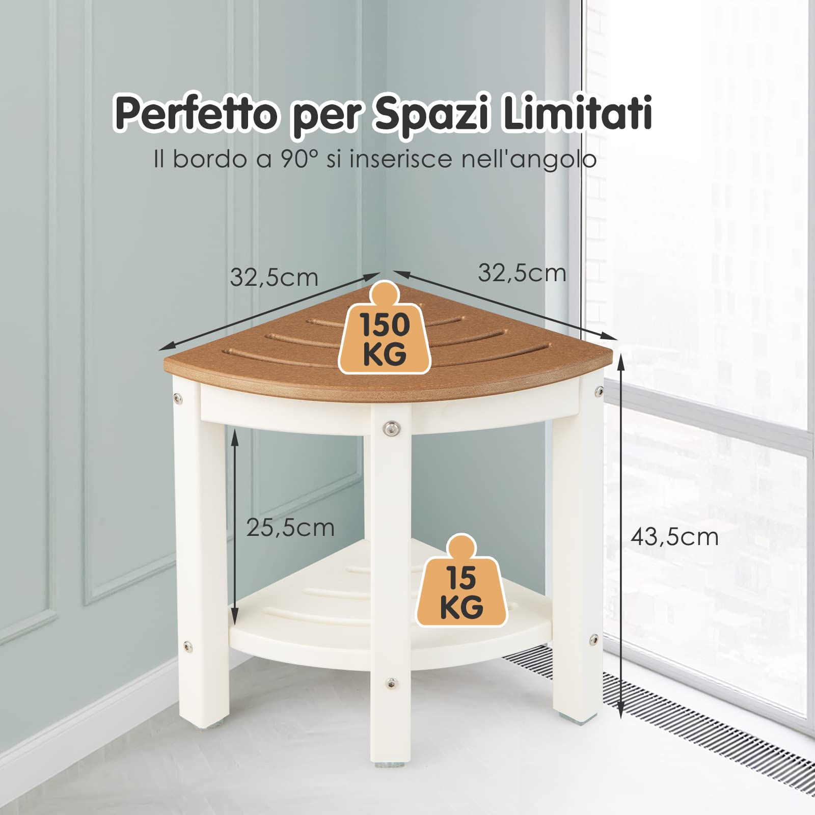 COSTWAY Sgabello Doccia, Sedia da Bagno Angolare in Polietilene con Ripiano, Sedile Multiuso a 2 Livelli per Uso Interno o Esterno, 32,5x32,5x43,5 cm, Capacità di Peso 150 kg (Marrone)