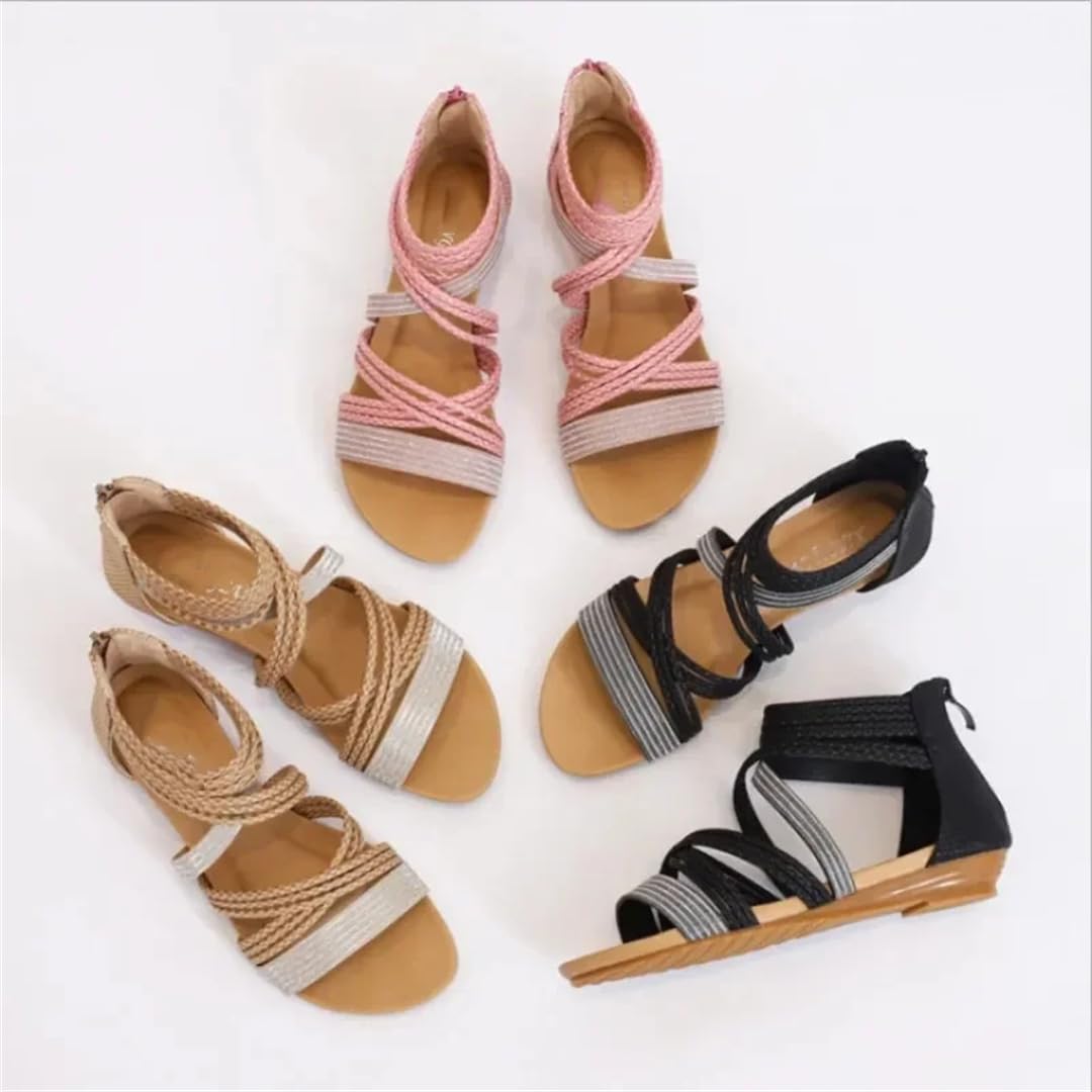Sandalias de gladiador con cremallera en la espalda y tacón de cuña para mujer, con parte superior de poliuretano, estilo bohemio, para verano