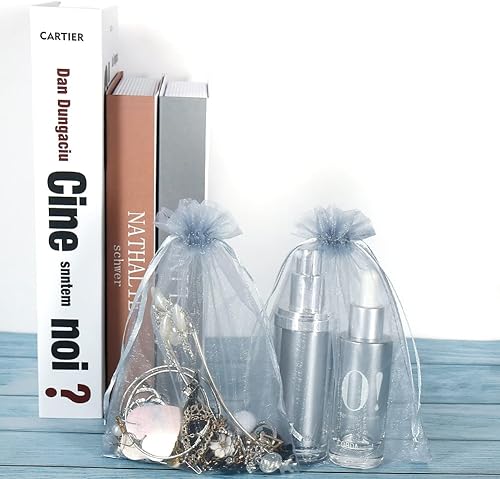 Miniatura 6 de HRX Package 100 bolsas de organza gris plateado, 5 x 7 pulgadas de malla con cordón de regalo, bolsas de joyería para dulces de Navidad, recuerdos