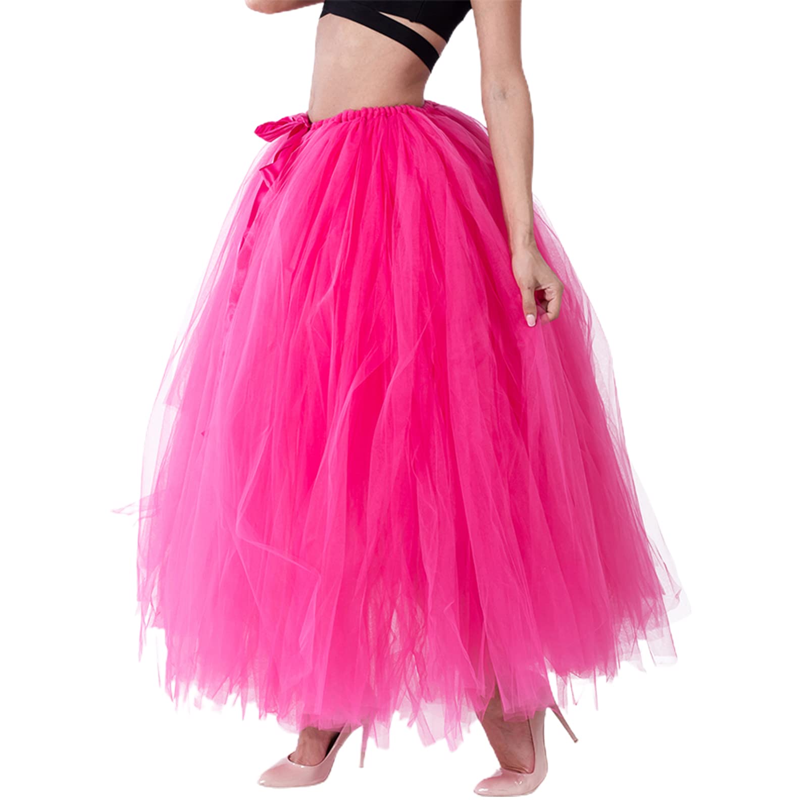 Falda larga tutú de cintura alta con capas de tul maxi faldas hinchadas hasta el suelo, boda, fiesta, con cinturón Bowknot, Rosa Roja, Talla única
