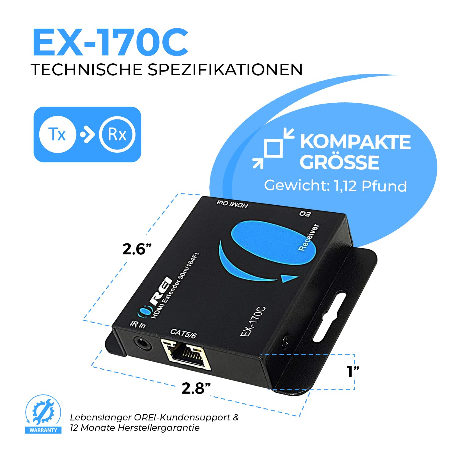 OREI 4K-HDMI-Over-Ethernet-Extender über CAT5/CAT6/CAT7, mit IR bis zu 50 m – Loop-Out – 4K @ 30 Hz 1080P Full HD Signalverteilung (EX-170C)