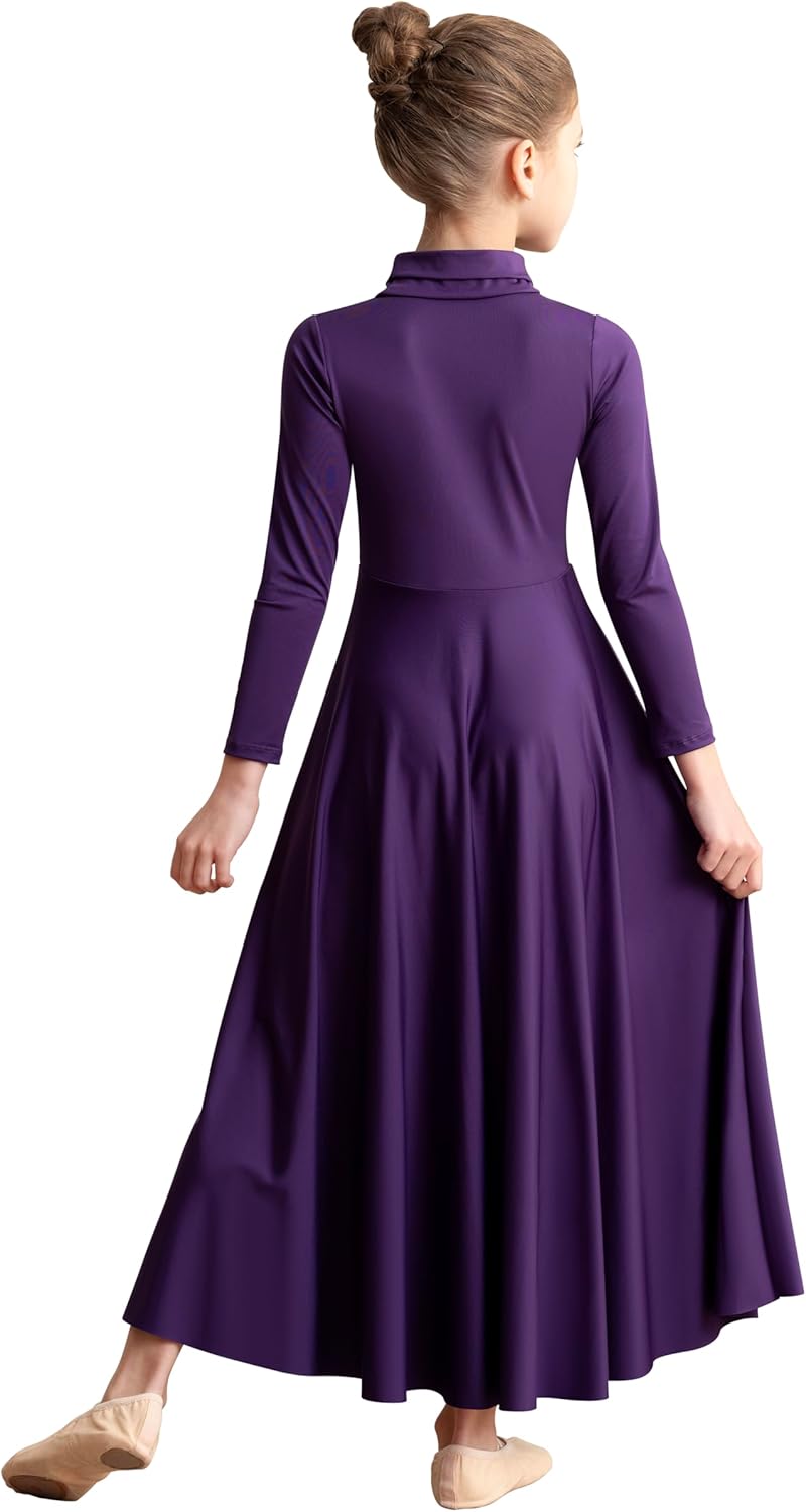 Girls High Neck Praise Dance Dress Loose Fit Full Length Long Sleeve Liturgical Dance Dress - Image 4