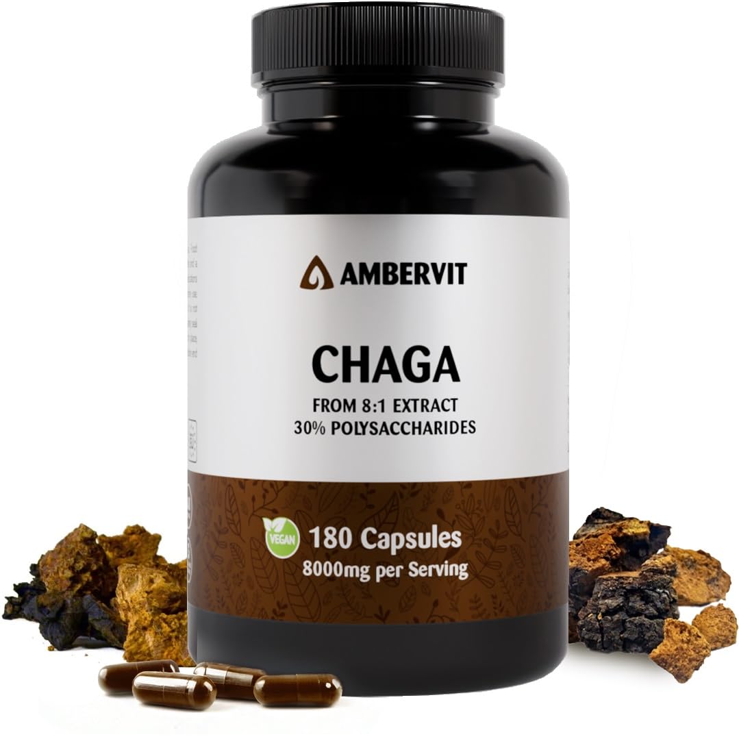Chaga 8000 mg – 180 Gélules – 30% Polysaccharides Bioactifs – Double Extrait du Corps Fructifère Fortement Dosé – Récolté à l’État Sauvage sur Bouleaux d’Europe du Nord – Ambervit