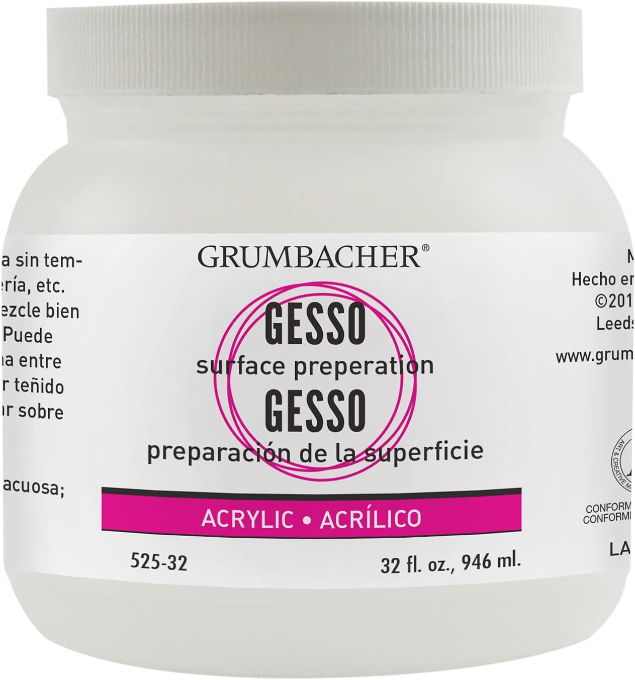Grumbacher Gesso (Hyplar) Artists' Acrylic & Oil Paint Medium, 32 oz. Jar